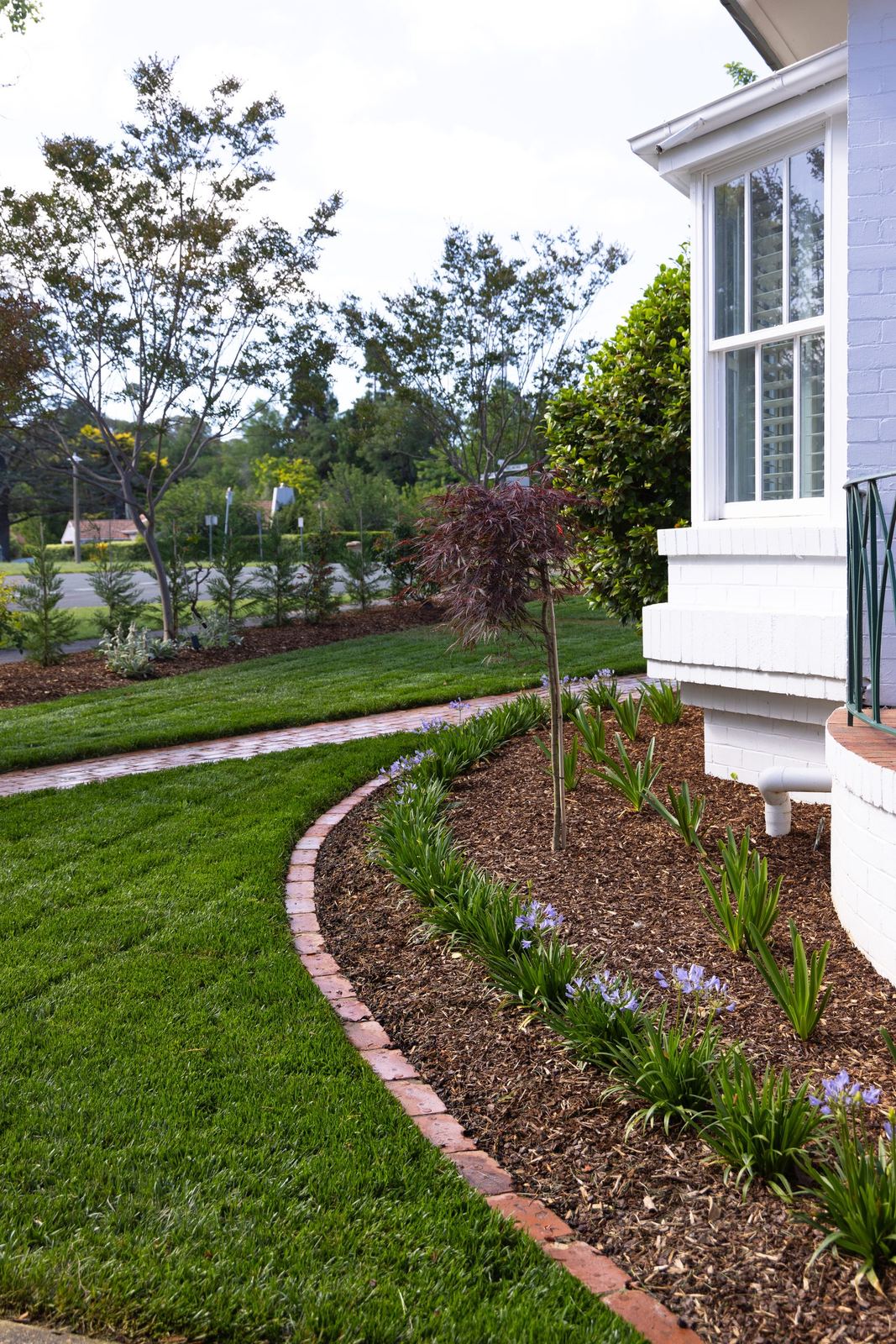 Curved brick garden edge threading between lawn and layered planting to the cottage