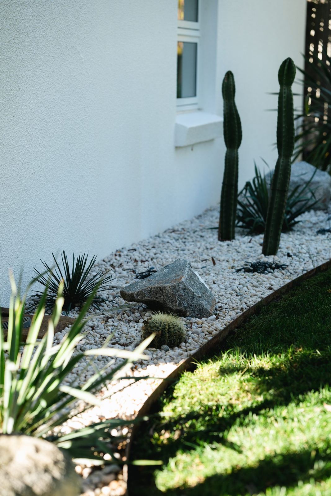 Detail of the white-pebble desert bed with spiky black grasses and a columnar cactus beside the lawn