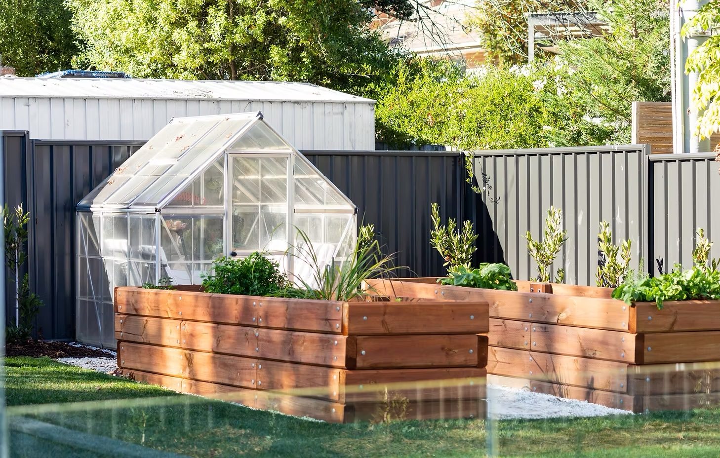 Glasshouse and raised timber garden beds along the lawn, framed by a dark boundary fence