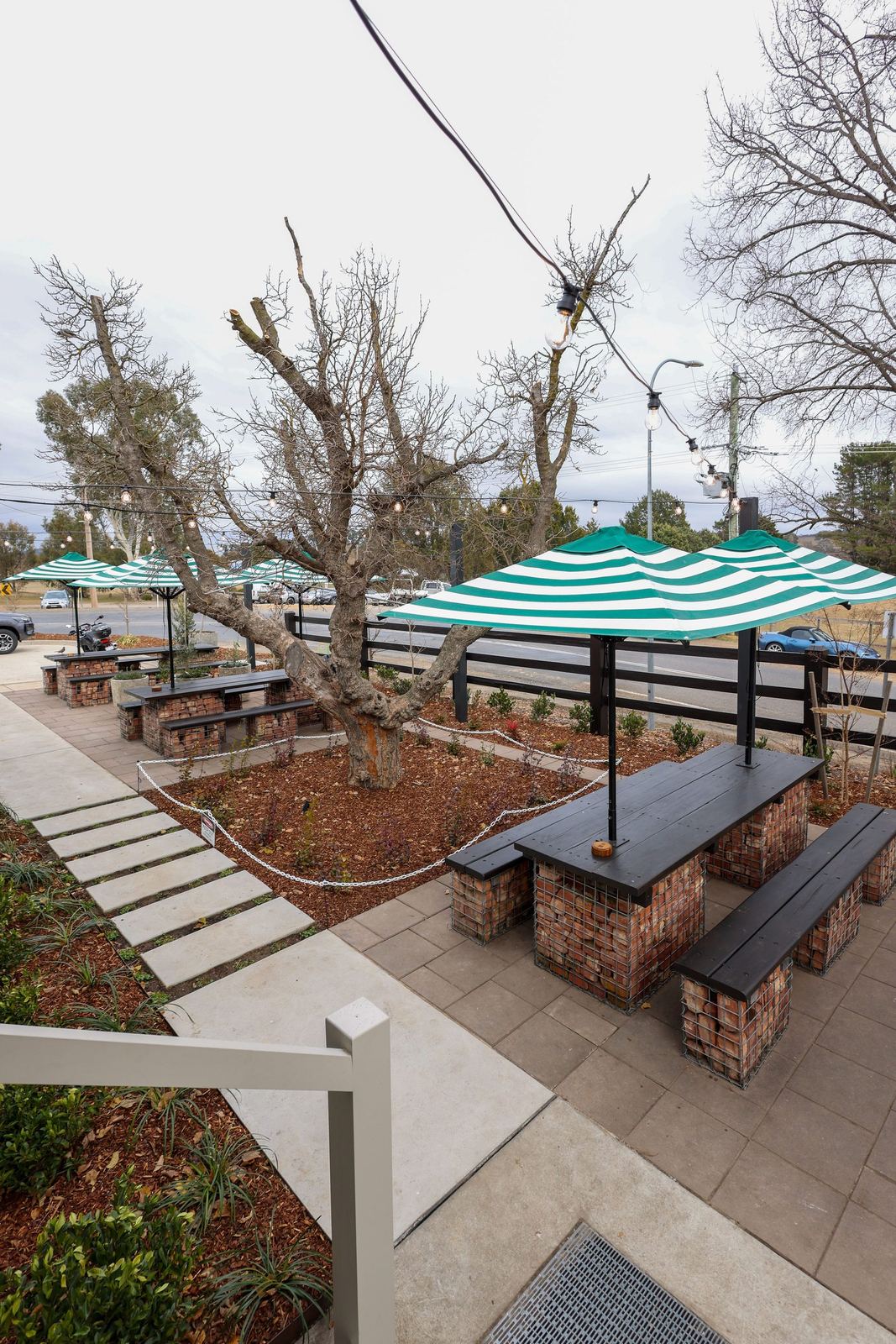 Finished courtyard with green-striped umbrellas, gabion-and-brick bench seating, string lights and new planting