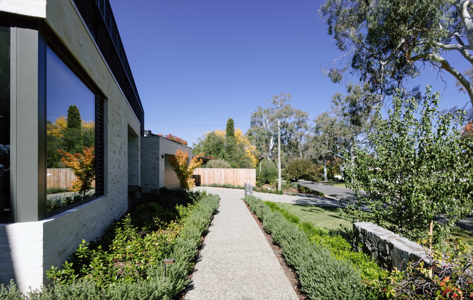 Gravel side path edged with lavender and grasses running along the home