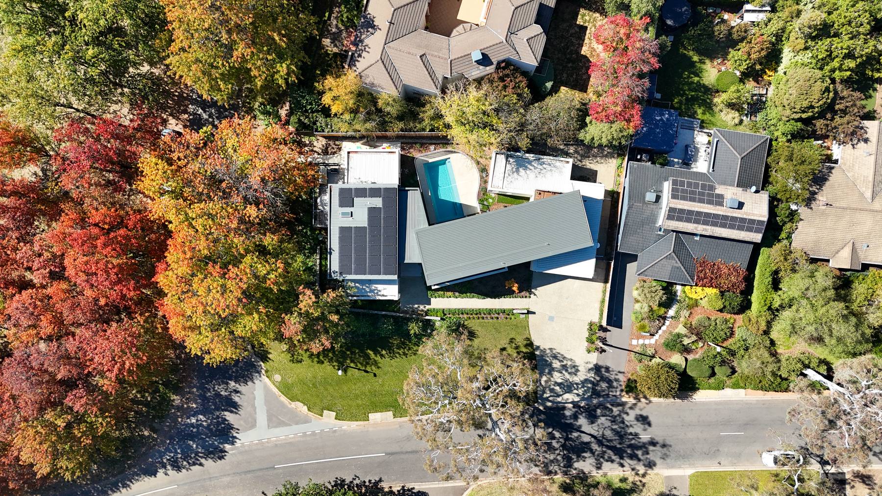 Aerial view of the home, pool and established garden framed by autumn trees
